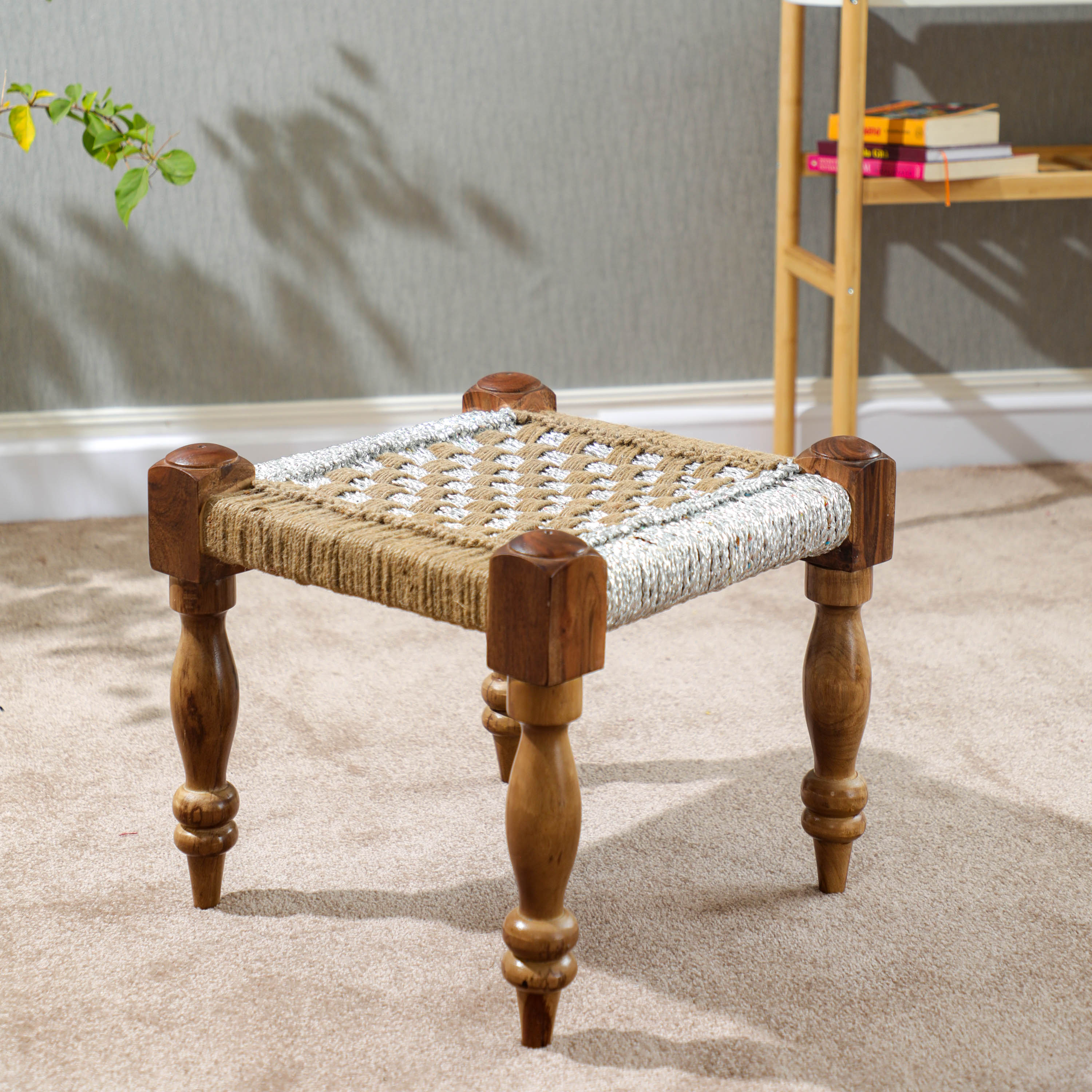 Silver and Wood Charpoy Stool for Home Decor in the USA