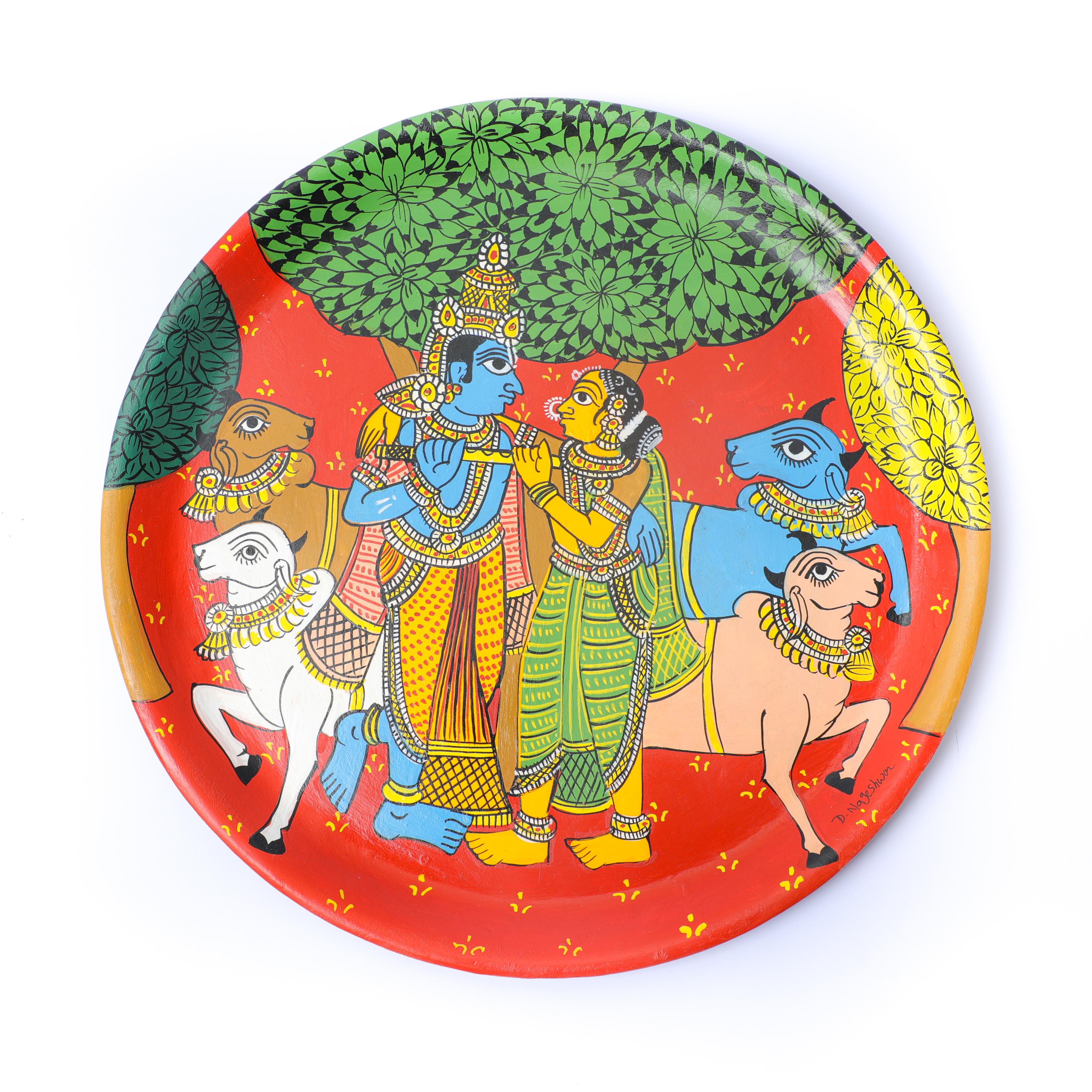 Made with Cotton cloth pasted to plate and worked with natural colours