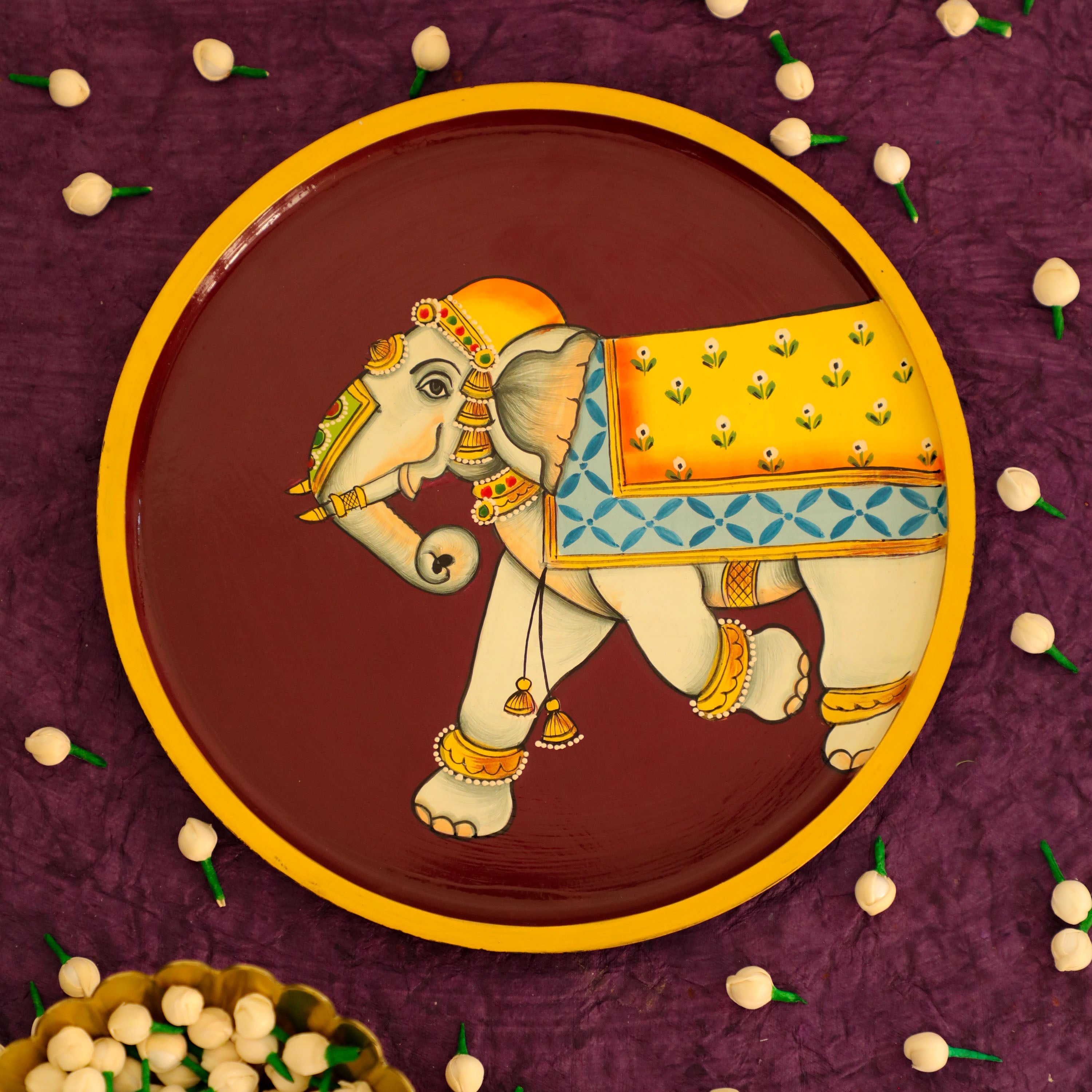 Wooden Pichwai Wall Plate with Majestic Elephant Design