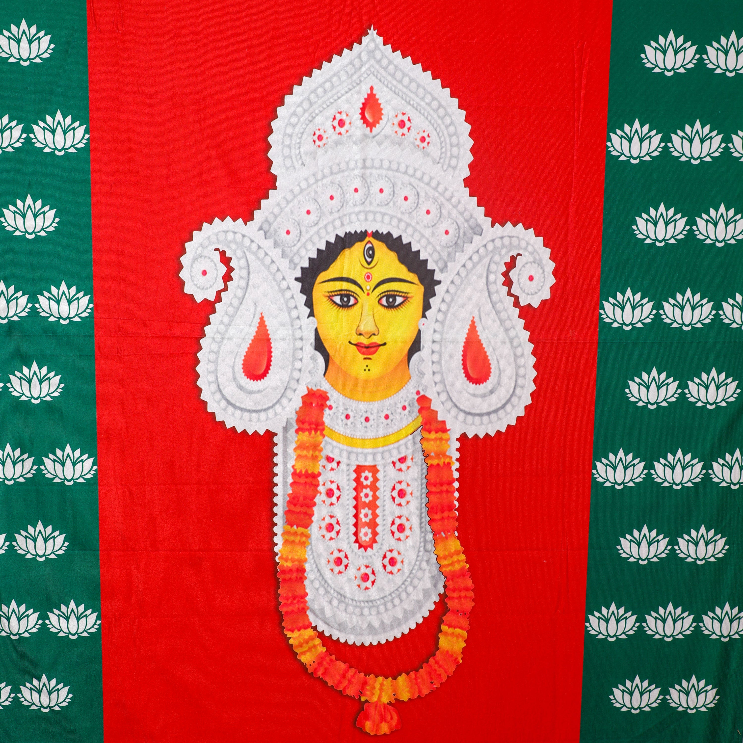 features a striking red and green design adorned with maa durga print