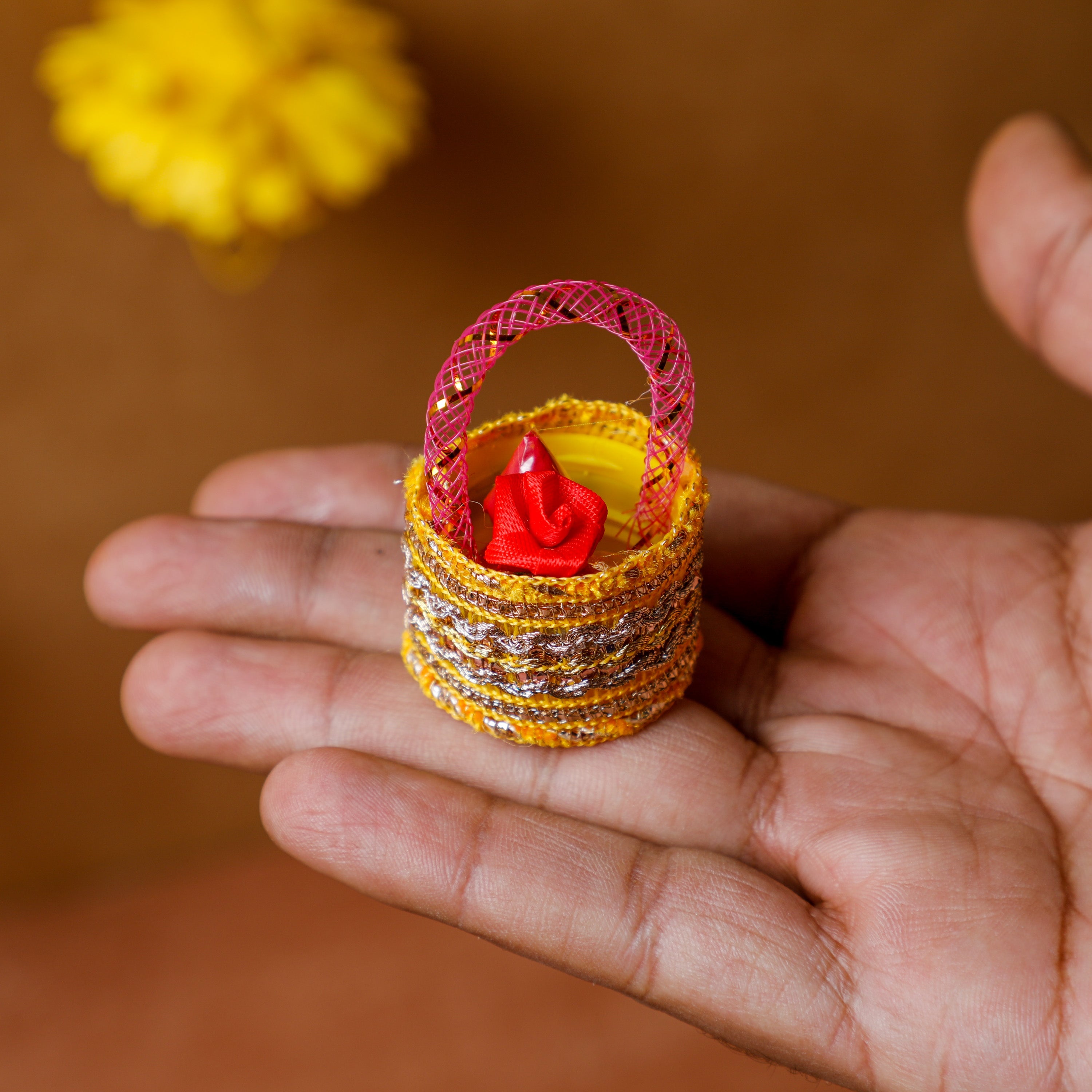 The beautifully handcrafted basket made with rich fabric