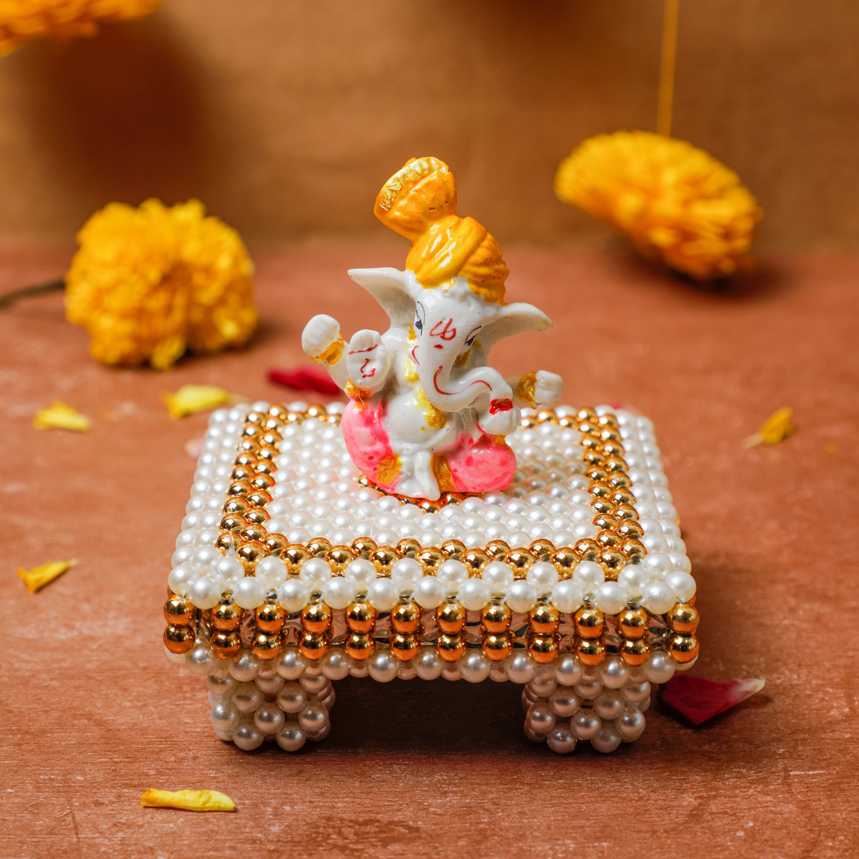 Gold & White Pearl Pooja Chowki