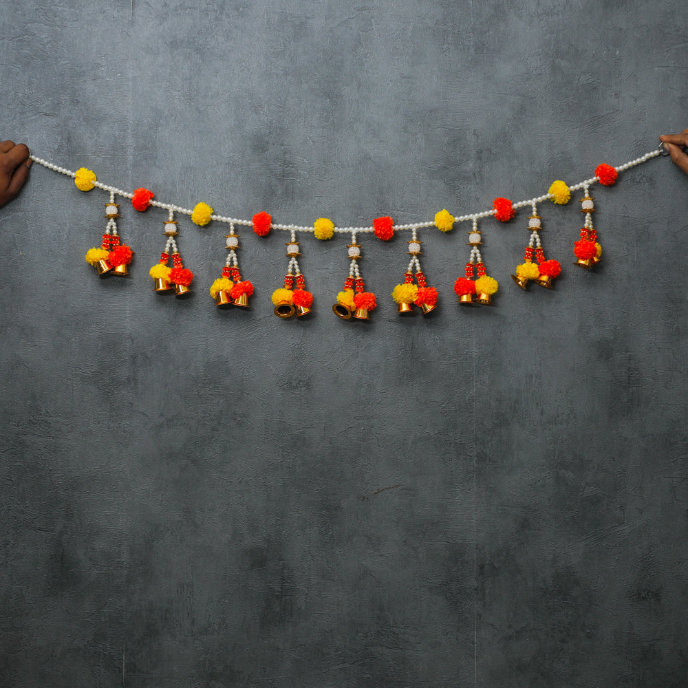 Toran with Hanging Bells adorned with pearls and pompom flowers
